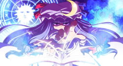 Rule 34 | 1girl, aquarius (symbol), aries (symbol), book, crescent, female focus, glaring, hat, light, long hair, looking at viewer, magic, magic circle, open mouth, patchouli knowledge, pisces (symbol), purple eyes, purple hair, rayno, solo, touhou