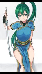 Rule 34 | 1girl, breasts, fingerless gloves, fire emblem, fire emblem: the blazing blade, gloves, green eyes, green hair, high ponytail, letterboxed, long hair, lyn (fire emblem), matching hair/eyes, nintendo, pelvic curtain, ponytail, sheath, sheathed, sitting, smile, solo, sword, very long hair, weapon, yazaki yuuji