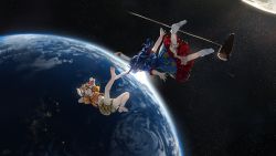 Rule 34 | 2girls, animal ears, arms behind head, arms up, bare legs, barefoot, blonde hair, bloomers, blue hair, brown headwear, dress, earth (planet), flat cap, full body, hat, highres, in orbit, knee up, leg up, long hair, looking at another, looking up, mallet, medium hair, midriff peek, moon, mouth hold, multiple girls, navel, orange shirt, outstretched arms, planet, rabbit ears, red eyes, ringo (touhou), seiran (touhou), shirt, short sleeves, shorts, skewer, socks, soles, space, star (sky), stomach, striped clothes, striped shorts, sun, suna (s73d), toes, touhou, underwear, yellow shorts, zero gravity