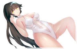 Rule 34 | 1girl, azur lane, black hair, bow, breasts, bump (bump321), casual one-piece swimsuit, criss-cross halter, hair flaps, halterneck, large breasts, long hair, looking at viewer, lying, navel, one-piece swimsuit, ponytail, simple background, solo, swimsuit, takao (azur lane), takao (beach rhapsody) (azur lane), white background, white bow, white one-piece swimsuit, yellow eyes