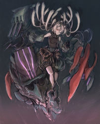 Rule 34 | 1girl, absurdres, abyssal crane princess, abyssal ship, black background, black gloves, black sleeves, closed mouth, colored skin, detached sleeves, earrings, flat chest, full body, gloves, hair over one eye, headgear, highres, horns, huge filesize, jewelry, jinbaori, kantai collection, long hair, moor, pale skin, red eyes, rigging, simple background, solo, striped, striped sleeves, turtleneck, twintails, white hair, white skin