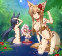 Rule 34 | 4girls, :d, animal ears, arms up, ass, bikini, blue eyes, blue hair, blush, braid, breasts, brown hair, censored, cleavage, convenient censoring, closed eyes, flower, fox ears, fox tail, hair flower, hair ornament, inari, konshin, lake, large breasts, leaf, leaning forward, long hair, mole, monster girl, multiple girls, navel, nude, open mouth, original, outdoors, purple hair, side-tie bikini bottom, sideboob, silver hair, smile, swimsuit, tail, tattoo, tree, tribal, twintails, very long hair, wading, water, yellow eyes