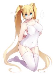 Rule 34 | ..., 1girl, ?, absurdly long hair, android, animal ears, arms behind back, bad id, bad tumblr id, bare shoulders, blonde hair, blue eyes, breasts, caseal, collarbone, covered navel, full body, garter straps, highres, kneeling, long hair, muryotaro, one-piece swimsuit, phantasy star, phantasy star online 2, school swimsuit, simple background, solo, sweatdrop, swimsuit, thighhighs, twintails, very long hair, white background, white one-piece swimsuit, white school swimsuit