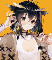 Rule 34 | 1girl, arknights, black hair, brown eyes, chinese commentary, commentary request, feather hair, hair between eyes, hands up, head tilt, holding, liduke, long sleeves, looking at viewer, nail polish, orange nails, parted lips, shirt, short hair, silence (arknights), solo, upper body, white shirt