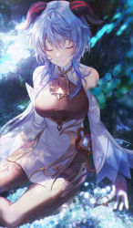 Rule 34 | 1girl, against tree, ahoge, backlighting, bare shoulders, bell, blue hair, bodystocking, breasts, closed eyes, closed mouth, commentary request, daby, detached sleeves, duplicate, facing viewer, feet out of frame, flower knot, ganyu (genshin impact), genshin impact, highres, horns, large breasts, long hair, long sleeves, outdoors, red ribbon, ribbon, sitting, smile, solo, tree, very long hair, yokozuwari
