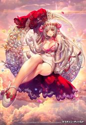 Rule 34 | 1girl, bare shoulders, bow, breasts, cleavage, collarbone, destiny child, dress, grey hair, hair ornament, hairband, heart, high collar, highres, horns, kkuem, large breasts, lipstick, long hair, looking at viewer, luna (destiny child), makeup, nail polish, neck ribbon, official art, orange eyes, parted bangs, parted lips, platform footwear, ribbon, second-party source, sitting, smile, solo, sweater, sweater dress, wide sleeves