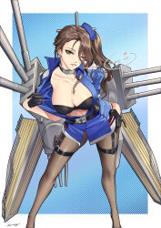 Rule 34 | 1girl, au11, azur lane, black gloves, black pantyhose, breasts, brown hair, chain, cleavage, clothes pull, collarbone, dress pull, gloves, green eyes, hat, large breasts, long hair, pantyhose, pennsylvania (azur lane), rigging, solo, text focus, thigh strap, uniform