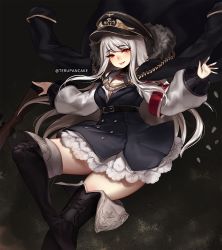 Rule 34 | 1girl, artist name, belt, black footwear, boots, commentary, english commentary, eyes visible through hair, fur trim, girls&#039; frontline, gun, hat, kar98k (girls&#039; frontline), long hair, long sleeves, looking at viewer, outstretched arms, parted lips, puffy long sleeves, puffy sleeves, red eyes, silver hair, smile, solo, spread arms, terupancake, thigh boots, thighhighs, twitter username, weapon