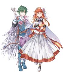 Rule 34 | 1boy, 1girl, alm (fire emblem), alternate costume, arrow (projectile), belt, box, cape, celica (fire emblem), dress, fire emblem, fire emblem echoes: shadows of valentia, fire emblem heroes, flower, gloves, green eyes, green hair, hair flower, hair ornament, hairband, heart-shaped box, highres, holding, holding arrow, holding box, long hair, long sleeves, nintendo, open mouth, parted lips, red eyes, red hair, short hair, simple background, sleeveless, sleeveless dress, valentine, white background, white gloves, zyuno0