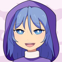 Rule 34 | 1girl, blue eyes, blue hair, blush, bright pupils, character request, commentary request, copyright request, hair between eyes, halo, hospital king, long bangs, long hair, looking at viewer, open mouth, purple hood, purple shirt, round teeth, shirt, smile, solo, teeth, white pupils