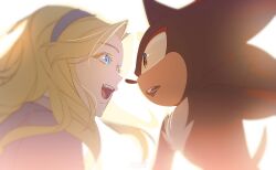 Rule 34 | 1boy, 1girl, absurdres, animal ears, animal nose, artist name, black fur, blonde hair, blue dress, blue eyes, blue hairband, body fur, commentary, dress, english commentary, fang, furry, furry male, hairband, hedgehog, hedgehog ears, hedgehog tail, highres, hyeon sonic, long hair, looking at another, maria robotnik, open mouth, red eyes, red fur, shadow the hedgehog, short sleeves, simple background, smile, sonic (series), sonic adventure 2, standing, tail, teeth, tongue, two-tone fur, upper body, white background