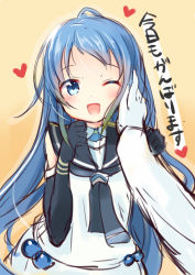 Rule 34 | 10s, 1boy, 1girl, ;d, admiral (kancolle), black gloves, blue eyes, blue hair, commentary request, elbow gloves, gloves, hand on another&#039;s cheek, hand on another&#039;s face, heart, kantai collection, long hair, looking at viewer, neckerchief, one eye closed, open mouth, sailor collar, samidare (kancolle), sketch, skirt, smile, sou (soutennkouchi), translated, very long hair, white gloves