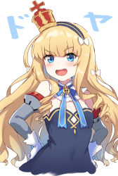 Rule 34 | 1girl, absurdres, azur lane, blonde hair, blue eyes, blush, crown, dress, fang, gloves, hairband, hands on own hips, highres, long hair, looking at viewer, mini crown, open mouth, queen elizabeth (azur lane), raiou, sidelocks, simple background, solo, strapless, strapless dress, upper body, white background, white gloves