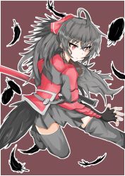 Rule 34 | 1girl, ahoge, bakuma, black gloves, black hair, breasts, fingerless gloves, gloves, graphite (medium), hair between eyes, highres, holding, holding sword, holding weapon, jewelry, long hair, necklace, raven branwen, red eyes, rwby, skirt, solo, sword, thighhighs, traditional media, weapon