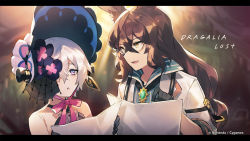 Rule 34 | 1boy, 1girl, animal ears, black gloves, brown hair, dragalia lost, gem, gloves, grey hair, hair over one eye, holding, holding paper, laxi (dragalia lost), letterboxed, long hair, looking at another, multicolored clothes, necktie, official art, open mouth, paper, purple eyes, rabbit ears, smile, sylas (dragalia lost), veil, white headwear, yellow eyes