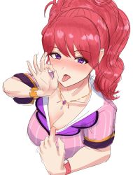 Rule 34 | 1girl, aikatsu!, aikatsu! (series), blush, breasts, cleavage, collarbone, collared shirt, commentary, cropped torso, darkside ochinpo burst, fellatio gesture, highres, jewelry, kurebayashi juri, large breasts, long hair, looking at viewer, looking up, naughty face, necklace, nose blush, ok sign, open mouth, oral invitation, purple eyes, red hair, sexually suggestive, shirt, short sleeves, simple background, sketch, solo, striped clothes, striped shirt, tongue, tongue out, upper body, watch, white background, wristwatch