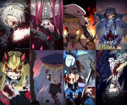 Rule 34 | 1boy, 5girls, armor, arthropod boy, artoria caster (fate), artoria caster (first ascension) (fate), artoria caster (second ascension) (fate), artoria pendragon (fate), baobhan sith (fate), baobhan sith (third ascension) (fate), barghest (fate), barghest (first ascension) (fate), black bow, black dress, blood, blood from mouth, blood in hair, blood on clothes, blood on face, blood on hands, blood stain, bloody weapon, blue armor, blue cape, blue eyes, blue headwear, bow, braid, cape, chain, cloak, clothing cutout, crown, diamond hairband, dress, fate/grand order, fate (series), faulds, fur-trimmed cape, fur-trimmed cloak, fur trim, grey eyes, grey hair, grey headwear, highres, holding, holding staff, holding weapon, house tag denim, igote, melusine (fate), melusine (first ascension) (fate), morgan le fay (fate), morgan le fay (queen of winter) (fate), multiple girls, oberon (fate), oberon (third ascension) (fate), pink hair, platinum blonde hair, pointy ears, red eyes, revealing clothes, scar, scar on neck, sharp teeth, sidelocks, spoilers, staff, stomach cutout, striped belt, teeth, tiara, aesc (fate), two-tone dress, weapon, white hair