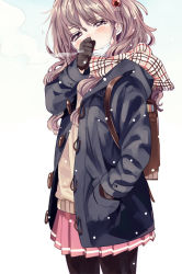 Rule 34 | 1girl, amezawa koma, bag, black gloves, black pantyhose, blonde hair, blush, brown eyes, covering own mouth, gloves, hair bobbles, hair ornament, hand in pocket, hand over own mouth, hand to own mouth, jacket, long hair, open clothes, open jacket, original, pantyhose, plaid, plaid scarf, scarf, school bag, school uniform, side ponytail, skirt, smoke, snowing, solo, sweater