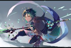 Rule 34 | 1boy, ahoge, arm guards, armor, azna, bead necklace, beads, black gloves, closed mouth, commentary, diamond-shaped pupils, diamond (shape), eyeshadow, fighting stance, full body, genshin impact, gloves, green hair, highres, holding, holding weapon, jewelry, long sleeves, makeup, male focus, mask, medium hair, multicolored hair, necklace, orange eyes, polearm, red eyeshadow, shoulder armor, single shoulder pad, solo, squatting, symbol-shaped pupils, tsurime, twitter username, two-tone hair, v-shaped eyebrows, weapon, xiao (genshin impact)