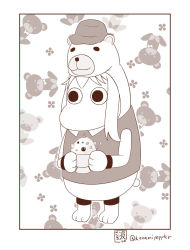 Rule 34 | (o) (o), 10s, 1girl, animal costume, bear costume, bow, bowtie, commentary request, food, fruit, hat, holding, kantai collection, monochrome, moomin, muppo, northern ocean princess, patterned background, sazanami konami, shaved ice, sidelocks, solo, spoon, stuffed animal, stuffed toy, teddy bear