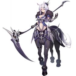Rule 34 | 1girl, animal ears, arm guards, armor, black gloves, breasts, centaur, choker, circe (clover theater), cleavage, clover theater, full body, fur trim, gloves, hair between eyes, hand up, holding, holding scythe, hooves, horse ears, looking at viewer, medium breasts, medium hair, monster girl, navel, official art, sakanasoko, scythe, solo, stomach, taur, transparent background, white hair, yellow eyes