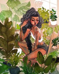 Rule 34 | 1girl, black hair, black shorts, braid, closed mouth, commentary request, crop top, day, denim, denim shorts, highres, jacquelin deleon, lips, long hair, looking at another, original, plant, potted plant, shirt, shorts, solo, sunlight, very long hair, white shirt, window