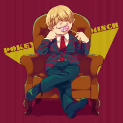 1boy, ahoge, black footwear, black pants, blonde hair, candy, chair, character name, collared shirt, eating, evil smile, fat, food, formal, hair over eyes, hand on own cheek, hand on own face, legs crossed, lollipop, long sleeves, male focus, mother (game), mother 2, necktie, nintendo, open mouth, pants, parted lips, porky minch, red necktie, shifumame, shirt, sitting, smile, smirk, solo, striped suit, suit, suit jacket, teeth, white shirt
