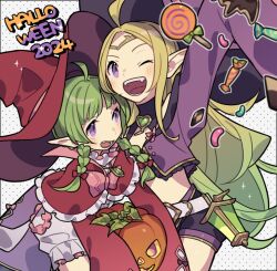 2girls ;d ahoge blonde_hair braid candy fang fire_emblem fire_emblem_awakening fire_emblem_heroes food green_hair haconeri halloween_costume hat jack-o&#039;-lantern jelly_bean lollipop long_hair long_sleeves looking_at_another looking_at_viewer mother_and_daughter multiple_girls nah_(fire_emblem) nah_(halloween)_(fire_emblem) nintendo nowi_(eternal_witch)_(fire_emblem) nowi_(fire_emblem) official_alternate_costume one_eye_closed open_mouth pointy_ears purple_eyes purple_hat red_hat sleeves_past_fingers sleeves_past_wrists smile swirl_lollipop twin_braids witch_hat