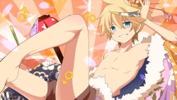 Rule 34 | 1boy, blonde hair, blue eyes, body blush, crown, floral print, fur, gigantic o.t.n (vocaloid), japanese clothes, kagamine len, knee up, male focus, mars symbol, open clothes, rumia (compacthuman), simple background, smile, solo, traditional clothes, vocaloid