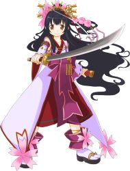 Rule 34 | 1girl, absurdres, black hair, blush, brown eyes, closed mouth, full body, highres, holding, holding sheath, holding sword, holding weapon, kanatarou, long hair, looking at viewer, official art, sakurako kujo, sandals, sheath, smile, socks, solo, sword, transparent background, trouble witches, trouble witches neo, very long hair, weapon, white socks