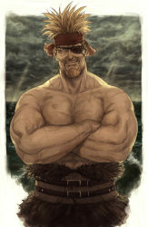 Rule 34 | 1boy, beard, belt, blonde hair, cloud, cloudy sky, crossed arms, eyepatch, facial hair, headband, highres, looking at viewer, male focus, muscular, outdoors, pectorals, red headband, scar, scar on arm, scar on chest, sky, solo, spiked hair, standing, thorkell, upper body, vinland saga, water, yomimomsg