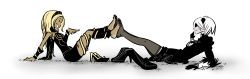 Rule 34 | 2girls, absurdres, barefoot, black dress, black hairband, black legwear, blindfold, blonde hair, boots, unworn boots, breasts, cleavage cutout, clothing cutout, dark-skinned female, dark skin, dress, feather-trimmed sleeves, feet, feet together, female focus, holding with feet, gloves, gravity daze, hairband, high heel boots, high heels, highres, kitten (gravity daze), long sleeves, medium breasts, medium hair, multiple girls, nier, nier:automata, nier (series), pantyhose, shoes, unworn shoes, short hair, thigh boots, thighhighs, vambraces, white hair, 2b (nier:automata)