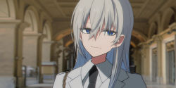 Rule 34 | 1girl, black necktie, blue eyes, blurry, blurry background, chihuri, closed mouth, collared shirt, commentary request, depth of field, grey hair, hair between eyes, highres, jacket, necktie, original, shirt, smile, solo, upper body, white jacket, white shirt