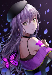 Rule 34 | 1girl, absurdres, bang dream!, beret, black choker, black hat, blue petals, brown eyes, bug, butterfly, butterfly tattoo, choker, dark background, earrings, hand on own shoulder, hat, highres, insect, jewelry, long hair, looking back, mia (fai1510), minato yukina, nail polish, open mouth, petals, purple butterfly, shoulder tattoo, silver hair, solo, tattoo, upper body, yellow nails