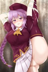 Rule 34 | 1girl, annoyed, artist request, bottomless, braid, braided ponytail, breasts, censored, gluteal fold, hat, highres, large breasts, leg lift, leg up, melty blood, no panties, no pussy, purple hair, silk, sion eltnam atlasia, skirt, solo, spider web, stuck, thighhighs, tsukihime