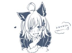 Rule 34 | 1girl, ahoge, animal ear fluff, animal ears, blush, commentary request, earrings, food, fruit, fur-trimmed sleeves, fur trim, greyscale, heart, highres, jewelry, kashikaze, looking at viewer, love live!, love live! sunshine!!, mandarin orange, medium hair, monochrome, open mouth, simple background, solo, stud earrings, sunlight, takami chika, teeth, tongue, tongue out, translated, upper body, upper teeth only, wing hair ornament, wolf ears