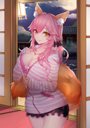 Rule 34 | 10s, 1girl, animal ears, bra, breasts, casual, cleavage, collarbone, fang, fang out, fate/extra, fate/extra ccc, fate/grand order, fate (series), fox ears, fox tail, full moon, hand on own chest, highres, jewelry, large breasts, liu lan, looking at viewer, moon, necklace, night, night sky, official alternate costume, pink bra, pink hair, shirt, sky, solo, star (sky), star (symbol), starry sky, striped clothes, striped shirt, tail, tamamo (fate), tamamo no mae (fate/extra), tamamo no mae (spring casual) (fate), underwear, yellow eyes