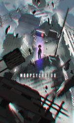 Rule 34 | 1boy, absurdres, aura, black hair, building, chromatic aberration, city, copyright name, glowing, glowing eyes, highres, huge filesize, jacket, kageyama shigeo, lamppost, lightning, looking at viewer, male focus, meipu hm, mob psycho 100, pants, psychic, rubble, solo, spiked hair, standing, telekinesis, traffic light