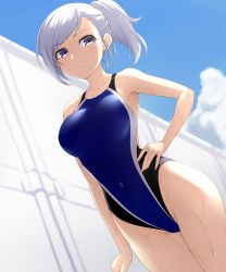 Rule 34 | 1girl, blue sky, blue one-piece swimsuit, breasts, cloud, collarbone, commentary request, competition swimsuit, covered navel, cowboy shot, grey eyes, hand on own hip, highres, large breasts, long hair, looking at viewer, one-piece swimsuit, original, pataneet, ponytail, silver hair, sky, solo, swimsuit, wet