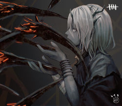 Rule 34 | 1girl, antlers, bandaged arm, bandages, bracelet, brown background, brown cloak, claws, cloak, colored skin, commentary request, creature, dead by daylight, from side, genderswap, genderswap (mtf), grey eyes, grey hair, grey skin, hands up, highres, horns, jewelry, medium hair, short sleeves, single horn, solo, straw like, the wraith (dead by daylight), upper body, wraith (dead by daylight)