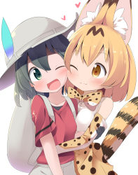 Rule 34 | 10s, 2girls, ;3, ;d, animal ears, asymmetrical docking, backpack, bag, blonde hair, blush, bow, bowtie, breast press, breasts, cheek-to-cheek, commentary request, elbow gloves, extra ears, gloves, green eyes, green hair, hat, hat feather, heads together, heart, highres, hug, kaban (kemono friends), kemono friends, makuran, medium breasts, multiple girls, one eye closed, open mouth, print gloves, print skirt, red shirt, serval (kemono friends), serval print, serval tail, shirt, short hair, simple background, skirt, sleeveless, sleeveless shirt, small breasts, smile, striped tail, tail, white background, white shirt, yellow eyes, yuri
