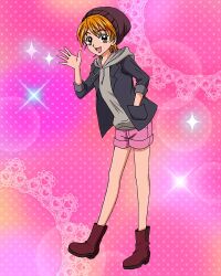 Rule 34 | 1girl, :d, artist request, boots, casual, commentary, english commentary, eyelashes, futari wa precure, happy, highres, looking at viewer, misumi nagisa, official art, open mouth, orange eyes, orange hair, pink background, pink shorts, precure, precure connection puzzlun, short hair, shorts, smile, solo, standing, third-party source, waving