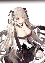 Rule 34 | 1girl, absurdres, artist name, azur lane, bare shoulders, between breasts, black dress, blush, breasts, cleavage, dress, earrings, formidable (azur lane), frilled dress, frills, grey hair, hair ornament, hair ribbon, highres, hoerutarou, jewelry, large breasts, long hair, long sleeves, looking at viewer, red eyes, ribbon, simple background, sitting, solo, twintails, wariza, white background, white legwear