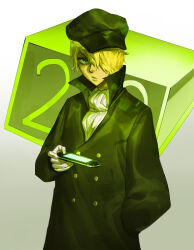 Rule 34 | 1boy, :/, absurdres, black coat, black hat, bleach, blonde hair, buttons, cabbie hat, closed mouth, coat, cowboy shot, double-breasted, gloves, gradient background, green eyes, green theme, hair over one eye, hand in pocket, hand up, handheld game console, hat, hieumay, highres, holding, long sleeves, looking at viewer, male focus, nostrils, number background, one eye covered, playstation portable, popped collar, scarf, simple background, solo, standing, white background, white gloves, white scarf, yukio hans vorarlberna