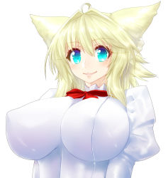 Rule 34 | 1girl, absurdres, ahoge, animal ears, blonde hair, blue eyes, blush, bow, bowtie, breasts, covered erect nipples, highres, huge breasts, impossible clothes, looking at viewer, minarai tenna, monster girl, narulala, original, sidelocks, simple background, smile, solo, white background