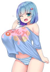 Rule 34 | 1girl, blue eyes, blue hair, blush, breasts, cameltoe, chiroshiron, food print, hair ornament, highres, huge breasts, no pants, one eye closed, open mouth, oppai loli, original, panties, shirt overhang, shirt slip, short hair, simple background, solo, squeans, star (symbol), star hair ornament, striped clothes, striped panties, underwear, white background, yawning