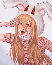 Rule 34 | 1girl, animal hat, blonde hair, bow, braid, chainsaw man, crop top, cross-shaped pupils, hair between eyes, hair bow, hat, highres, horns, horns through headwear, long hair, looking to the side, open mouth, power (chainsaw man), rabbit hat, red horns, sharp teeth, shirt, side braid, solo, striped clothes, striped shirt, symbol-shaped pupils, taestymaee, teeth, tongue, tongue out, twitter username, yellow eyes