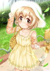Rule 34 | 1girl, animal, arm up, bag, bare shoulders, bench, bird, blush, brown eyes, brown hair, brown sleeves, bush, closed mouth, collarbone, commentary request, day, detached sleeves, dress, falling leaves, frilled dress, frills, hair between eyes, hand on headwear, hat, highres, idolmaster, idolmaster cinderella girls, koga koharu, leaf, long sleeves, outdoors, regular mow, sleeveless, sleeveless dress, sleeves past wrists, smile, solo, sun hat, sundress, tree, white hat, yellow dress