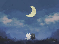 Rule 34 | animal focus, ayu (mog), black cat, blue sky, cat, closed eyes, cloud, cloudy sky, crescent moon, looking at another, moon, night, night sky, no humans, original, outdoors, signature, sky, smile, star (sky), starry sky, white cat, wide shot