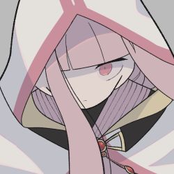 Rule 34 | 1girl, bad id, bad pixiv id, black outline, blunt bangs, chain, cloak, close-up, closed mouth, dutch angle, expressionless, floating hair, grey background, hair over one eye, hood, hood up, looking at viewer, magia record: mahou shoujo madoka magica gaiden, mahou shoujo madoka magica, muted color, no nose, outline, pink eyes, pink hair, shade, sidelocks, simple background, solo, soul gem, tamaki iroha, tsurime, upper body, white cloak, yuri7s0
